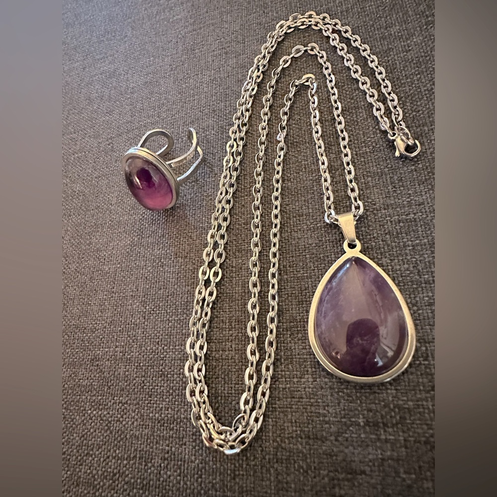 Amethyst crystal stainless steel ring and necklace handmade jewelry set